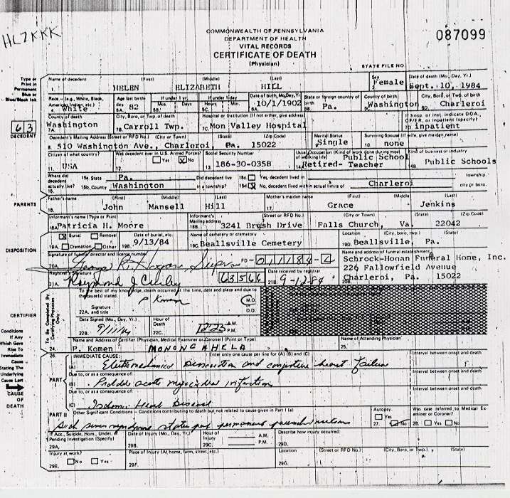 Helen Elizabeth Hill death certificate